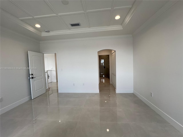 16247 SW 46th Ter, Miami, FL 33185 - empty room featuring arched walkways, crown molding, baseboards, coffered ceiling, and recessed lighting