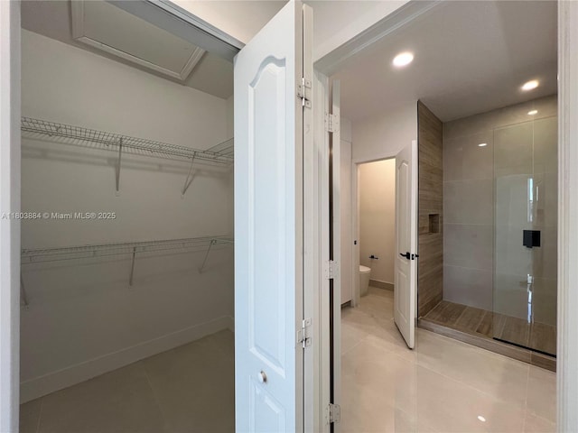 16247 SW 46th Ter, Miami, FL 33185 - full bath featuring a stall shower, tile patterned flooring, toilet, recessed lighting, and baseboards