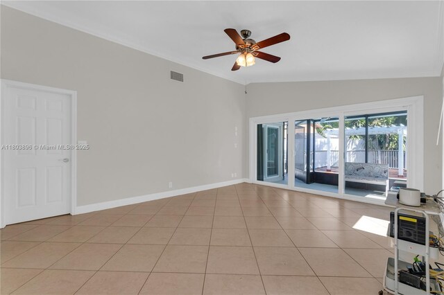 9813 SW 57th St, Cooper City, FL 33328 - unfurnished room featuring lofted ceiling, ceiling fan, baseboards, light tile patterned flooring, and crown molding