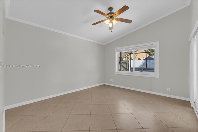 9813 SW 57th St, Cooper City, FL 33328 - empty room with vaulted ceiling, crown molding, a ceiling fan, baseboards, and tile patterned floors