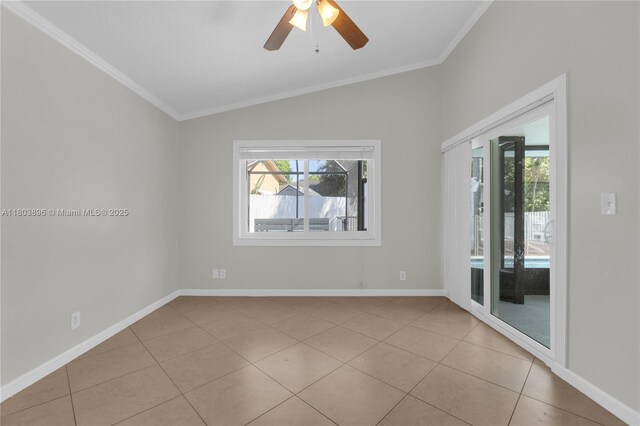9813 SW 57th St, Cooper City, FL 33328 - spare room with lofted ceiling, ornamental molding, plenty of natural light, tile patterned flooring, and ceiling fan