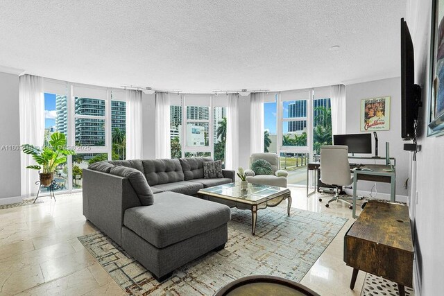 275 NE 18th St Unit 306, Miami, FL 33132 - living area with a textured ceiling, an office area, and floor to ceiling windows