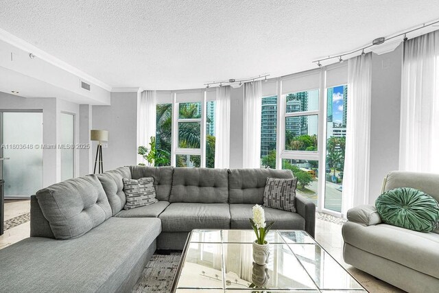 275 NE 18th St Unit 306, Miami, FL 33132 - living room featuring a textured ceiling, plenty of natural light, rail lighting, and crown molding