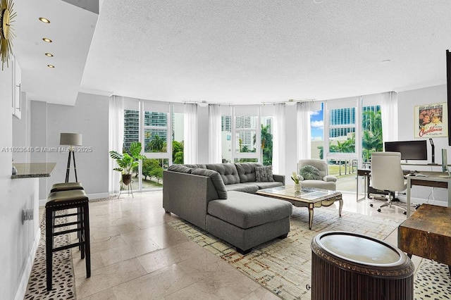 275 NE 18th St Unit 306, Miami, FL 33132 - living area featuring plenty of natural light, an office area, a textured ceiling, and recessed lighting