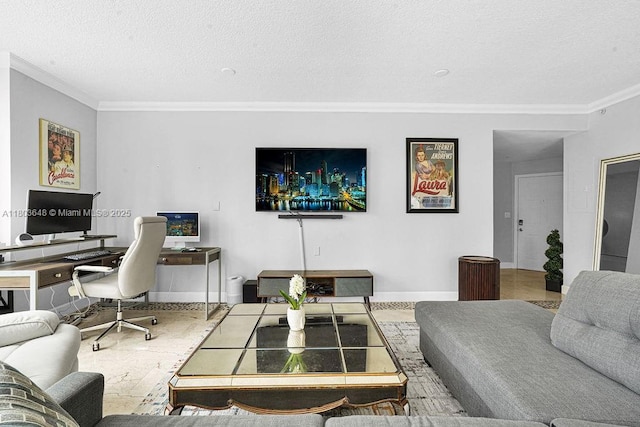 275 NE 18th St Unit 306, Miami, FL 33132 - living room featuring crown molding, a desk, and a textured ceiling