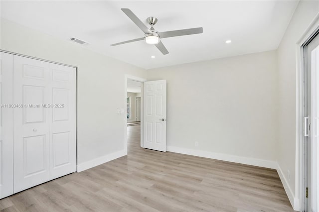 2021 N 53rd Ave, Hollywood, FL 33021 - unfurnished bedroom with light wood-type flooring, baseboards, a closet, recessed lighting, and a ceiling fan