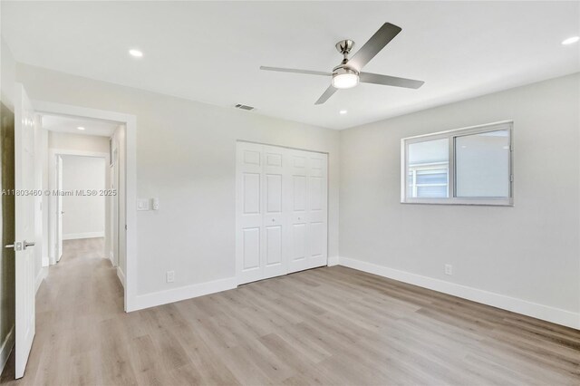 2021 N 53rd Ave, Hollywood, FL 33021 - unfurnished bedroom featuring light wood-style floors, baseboards, a closet, recessed lighting, and a ceiling fan