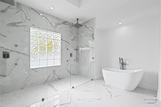 bathroom featuring a marble finish shower, marble tiled flooring, recessed lighting, a soaking tub, and stone wall