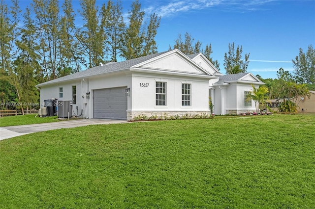 view of front of home featuring stucco siding, concrete driveway, an attached garage, and a front yard