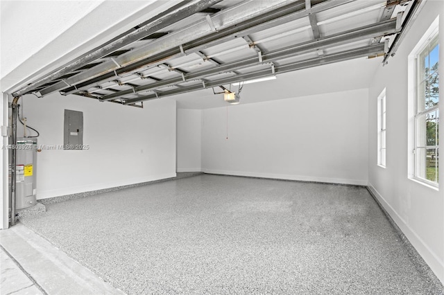garage with water heater, a garage door opener, electric panel, and baseboards