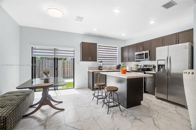 21408 NE 2nd Path, Miami, FL 33179 - kitchen with stainless steel appliances, light marble finish flooring, a center island, a kitchen bar, and dark brown cabinets