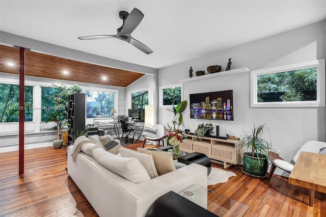 1631 SW 11th St, Miami, FL 33135 - living room featuring ceiling fan, wood-type flooring, and lofted ceiling