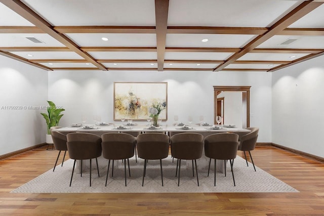 3310 Granada Blvd, Coral Gables, FL 33134 - dining room featuring coffered ceiling, baseboards, beamed ceiling, recessed lighting, and light wood-style flooring