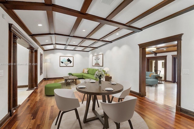 3310 Granada Blvd, Coral Gables, FL 33134 - dining area featuring coffered ceiling, wood finished floors, baseboards, beamed ceiling, and recessed lighting