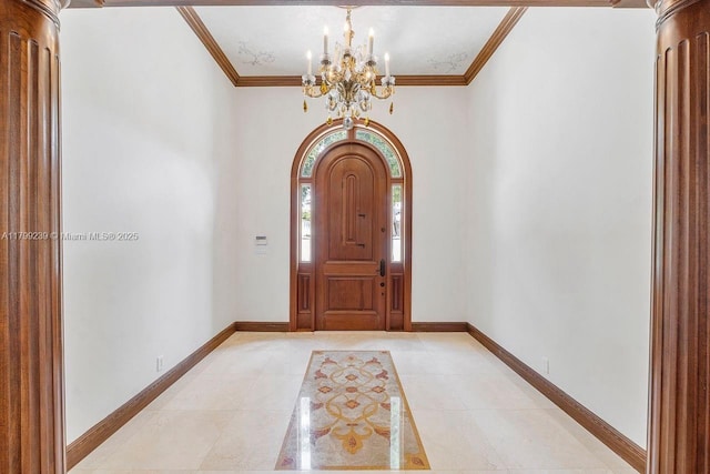 3310 Granada Blvd, Coral Gables, FL 33134 - entrance foyer featuring crown molding, a chandelier, baseboards, and light tile patterned flooring