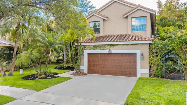 mediterranean / spanish home featuring a garage, a tiled roof, stucco siding, and a front yard