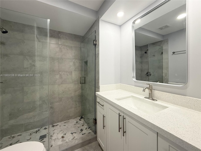 5741 SW 13th St, Miami, FL 33144 - bathroom with a stall shower, vanity, toilet, and recessed lighting