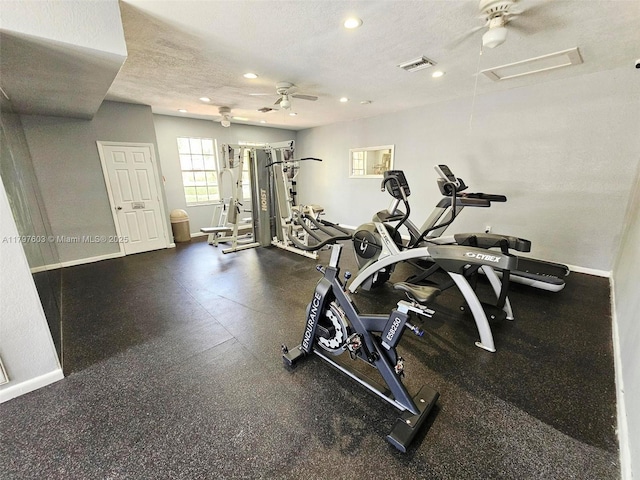 2151 NW 96th Ter Unit 15L, Pembroke Pines, FL 33024 - workout area with recessed lighting, ceiling fan, a textured ceiling, and attic access