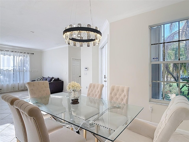 16435 SW 27th St, Miramar, FL 33027 - dining space with healthy amount of natural light, ornamental molding, tile patterned floors, a chandelier, and baseboards