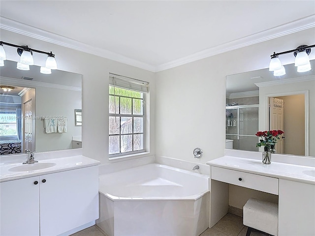 16435 SW 27th St, Miramar, FL 33027 - full bathroom with a bath, ornamental molding, tile patterned floors, a stall shower, and two vanities