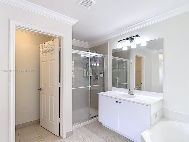 16435 SW 27th St, Miramar, FL 33027 - full bathroom featuring crown molding, a shower stall, tile patterned flooring, vanity, and a bath