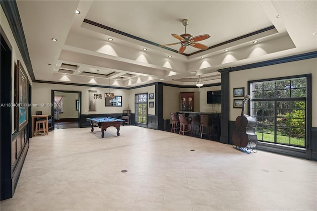 20508 SW 140th Ave, Miami, FL 33177 - playroom with billiards, ornamental molding, ceiling fan, bar area, and a tray ceiling