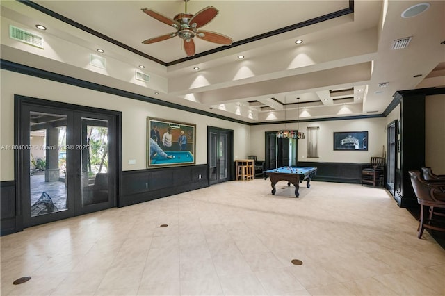 20508 SW 140th Ave, Miami, FL 33177 - rec room featuring french doors, billiards, recessed lighting, tile patterned flooring, and a ceiling fan