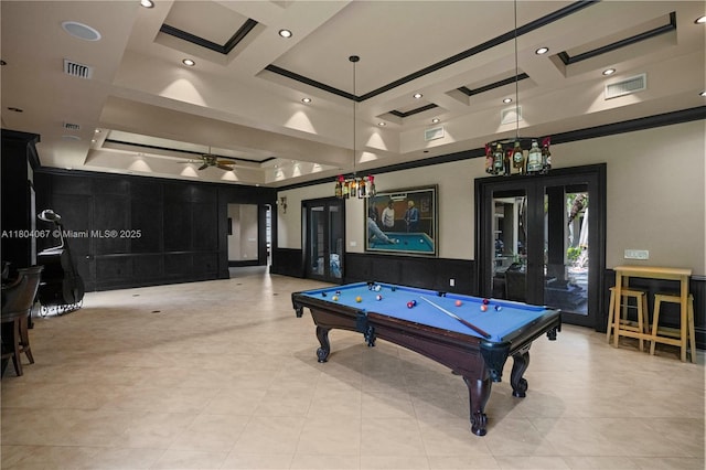 20508 SW 140th Ave, Miami, FL 33177 - rec room featuring coffered ceiling, pool table, french doors, ceiling fan, and tile patterned flooring