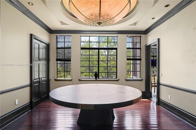 20508 SW 140th Ave, Miami, FL 33177 - dining room with dark wood finished floors, baseboards, crown molding, plenty of natural light, and recessed lighting