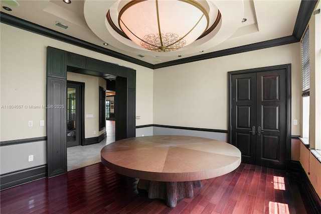 20508 SW 140th Ave, Miami, FL 33177 - dining space with a tray ceiling, ornamental molding, dark wood-style flooring, and recessed lighting
