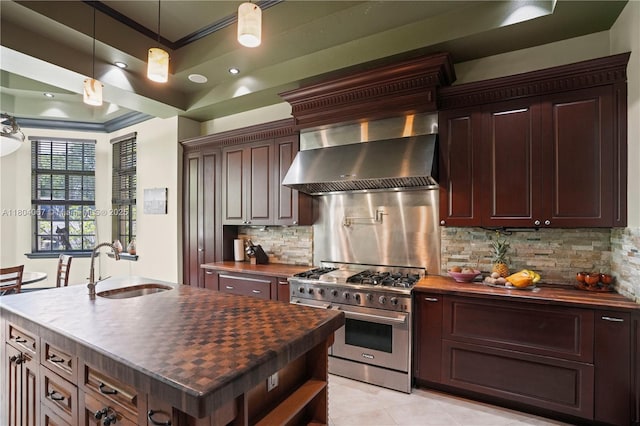 20508 SW 140th Ave, Miami, FL 33177 - kitchen with stainless steel stove, wall chimney range hood, a sink, wooden counters, and ornamental molding