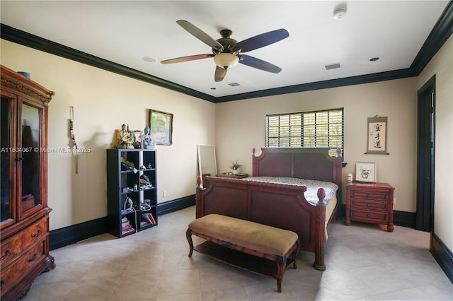 20508 SW 140th Ave, Miami, FL 33177 - bedroom with crown molding, baseboards, a ceiling fan, and light tile patterned floors