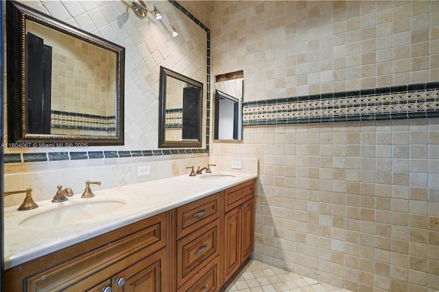 20508 SW 140th Ave, Miami, FL 33177 - bathroom with tile walls, double vanity, and tile patterned flooring