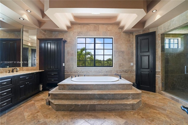 20508 SW 140th Ave, Miami, FL 33177 - bathroom featuring vanity, a garden tub, recessed lighting, a shower stall, and tile walls