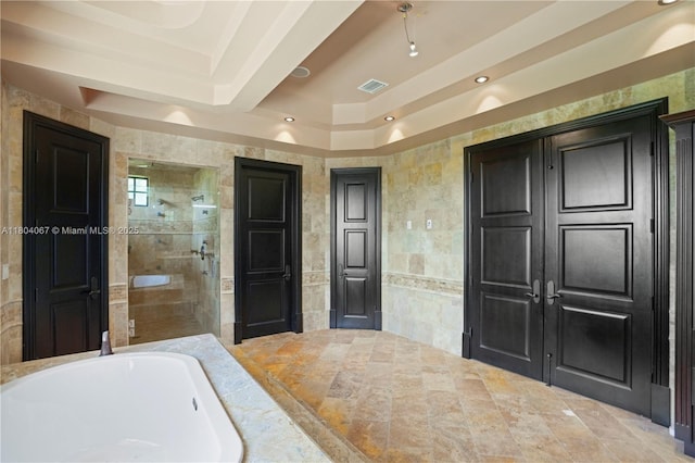 20508 SW 140th Ave, Miami, FL 33177 - full bath with a shower stall, a tub, and a tray ceiling