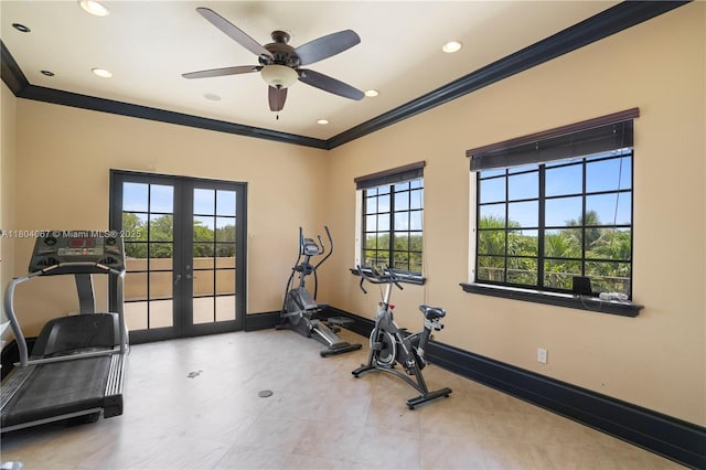 20508 SW 140th Ave, Miami, FL 33177 - workout area with ornamental molding, french doors, healthy amount of natural light, baseboards, and ceiling fan