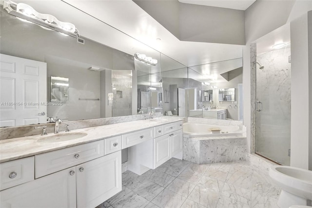 3200 N Ocean Blvd Unit 1206, Fort Lauderdale, FL 33308 - bathroom featuring a marble finish shower, a bath, double vanity, and marble finish flooring