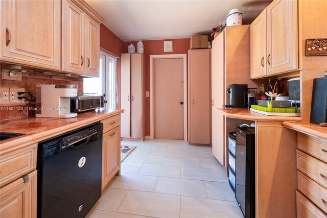 22226 SW 65th Ter, Boca Raton, FL 33428 - kitchen featuring black dishwasher, decorative backsplash, and light brown cabinetry