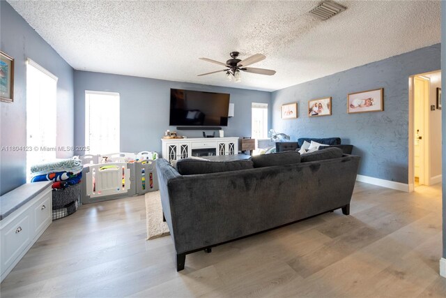 22226 SW 65th Ter, Boca Raton, FL 33428 - living area with a textured ceiling, ceiling fan, and light wood-style floors