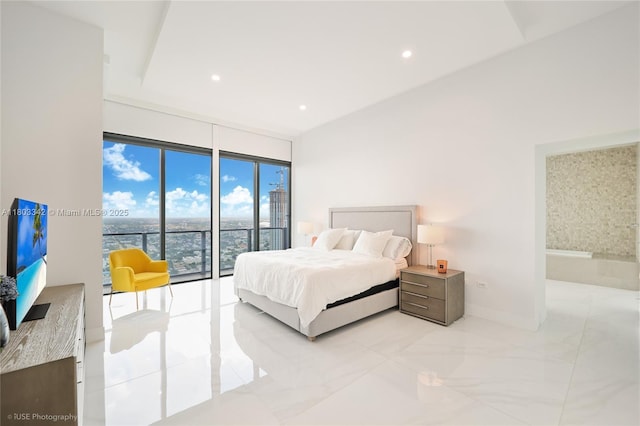 88 SW 7th St Unit 4101, Miami, FL 33130 - bedroom with access to exterior, recessed lighting, baseboards, expansive windows, and light marble finish floors