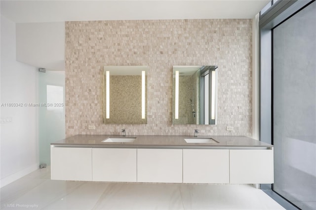 88 SW 7th St Unit 4101, Miami, FL 33130 - bathroom featuring tile walls, tile patterned flooring, and double vanity