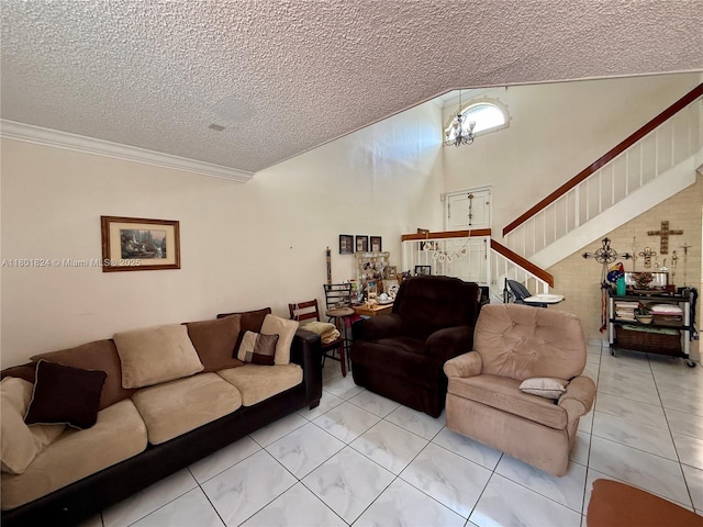 living area featuring light tile patterned floors, a textured ceiling, stairway, and crown molding