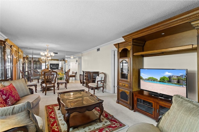 900 Colony Point Cir Unit 523, Pembroke Pines, FL 33026 - living room with a chandelier, light colored carpet, a textured ceiling, and crown molding