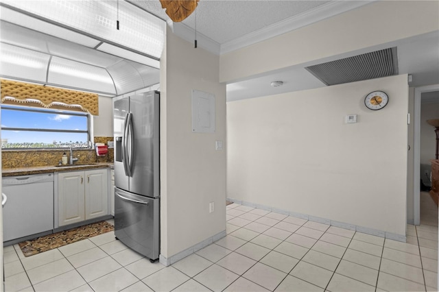 900 Colony Point Cir Unit 523, Pembroke Pines, FL 33026 - kitchen featuring stainless steel fridge, dishwasher, a sink, white cabinetry, and crown molding