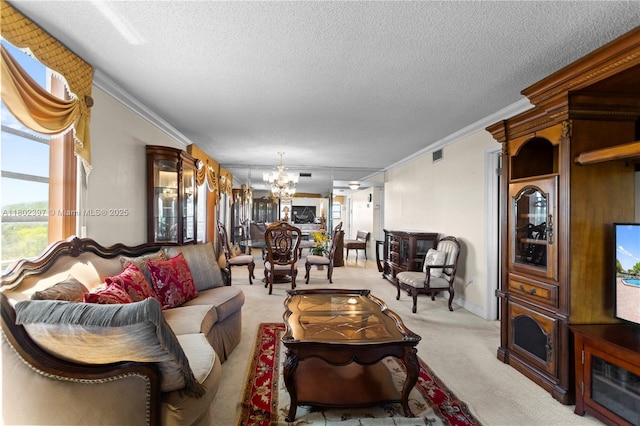 900 Colony Point Cir Unit 523, Pembroke Pines, FL 33026 - living area featuring a chandelier, light colored carpet, crown molding, and a textured ceiling