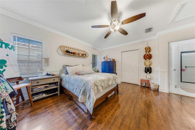 3610 SW 59th Ave, Miami, FL 33155 - bedroom featuring crown molding, wood finished floors, ceiling fan, and a closet