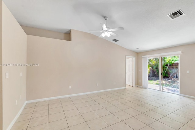 6077 Azalea Cir, West Palm Beach, FL 33415 - unfurnished room featuring a ceiling fan, vaulted ceiling, baseboards, and light tile patterned floors