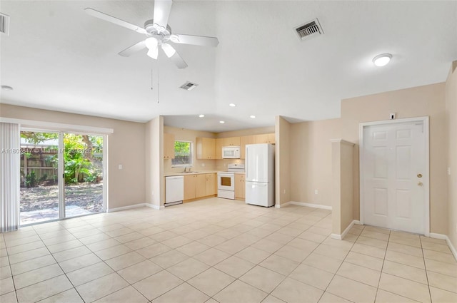 6077 Azalea Cir, West Palm Beach, FL 33415 - unfurnished living room featuring light tile patterned flooring, ceiling fan, baseboards, a sink, and recessed lighting