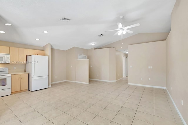 6077 Azalea Cir, West Palm Beach, FL 33415 - kitchen featuring white appliances, light brown cabinets, ceiling fan, recessed lighting, and lofted ceiling