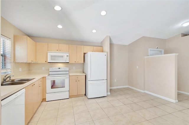 6077 Azalea Cir, West Palm Beach, FL 33415 - kitchen featuring white appliances, light brown cabinets, a sink, light countertops, and recessed lighting